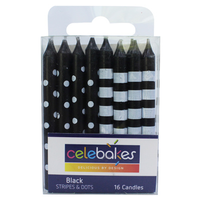 Celebakes Black Stripes & Dots Candles, 16 count